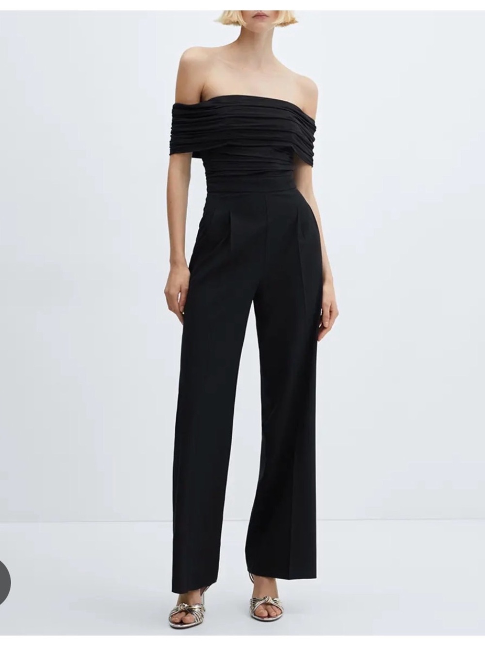 Mango Black Off-Shoulder Wide-Leg Jumpsuit